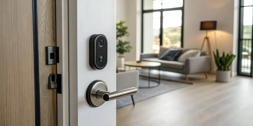 A no-drill smart lock installed on the inside of a front door.