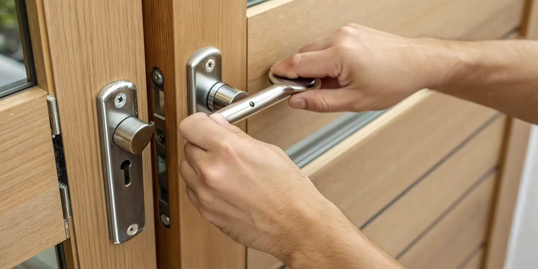 How to install a new swing door latch on a wooden door.
