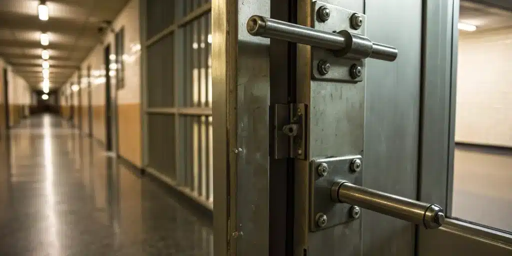 A push bar door's metal lock mechanism being locked from the inside.