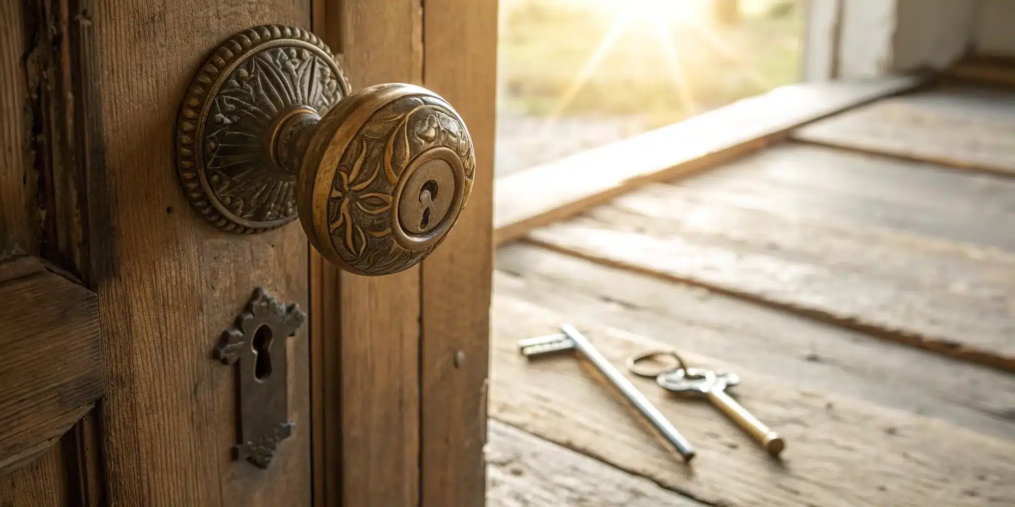 A broken door lock and key removed from a door that won't open.