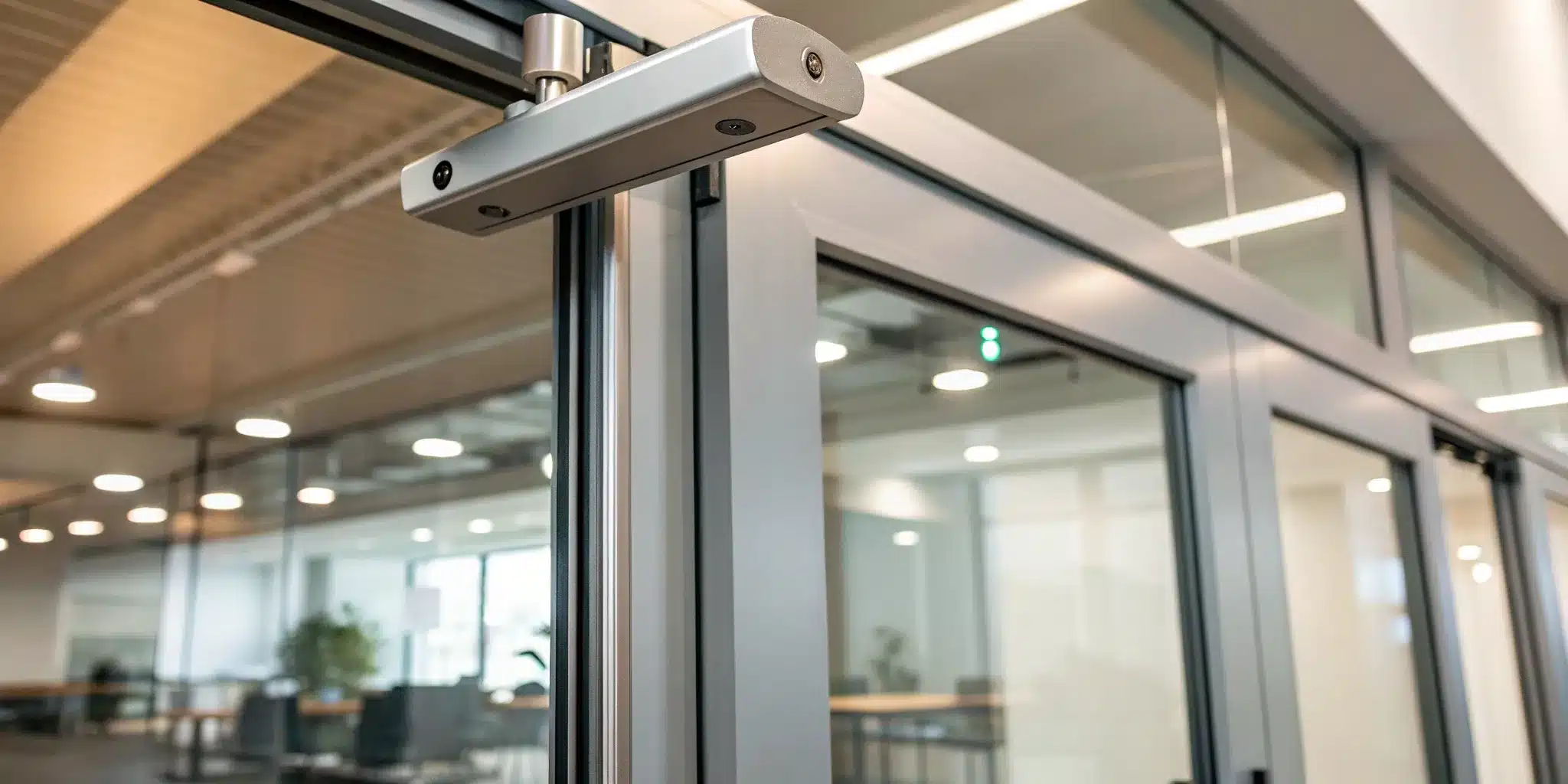 An automatic door closer with a sensor mounted on a commercial glass door.