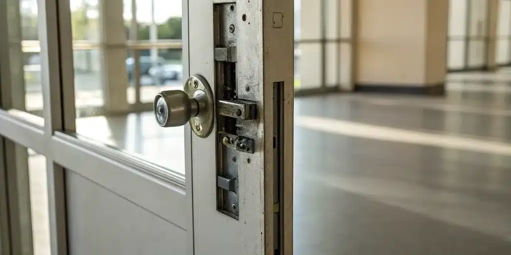 A commercial door knob without visible screws, showing the hidden release for removal.