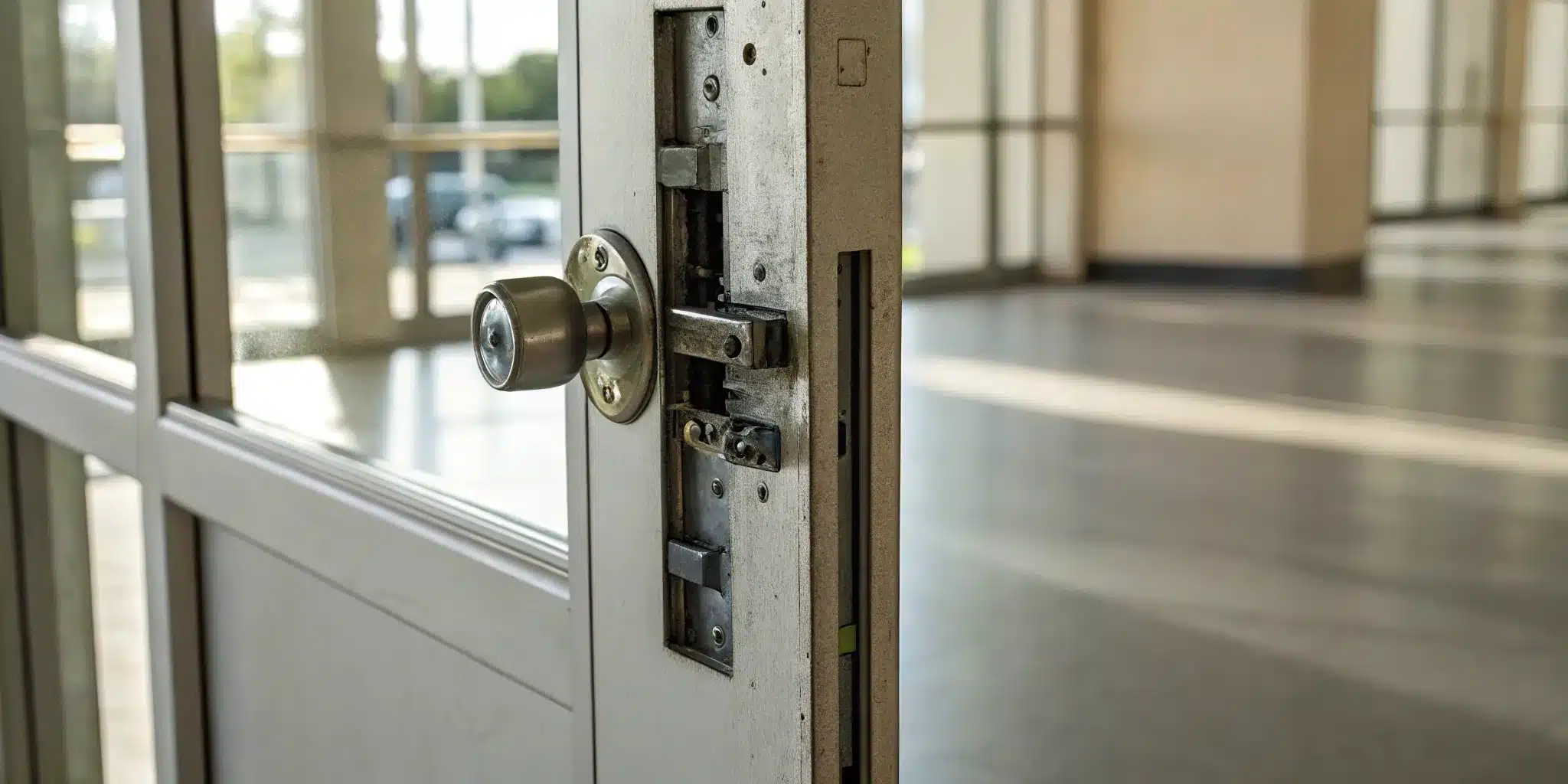 A commercial door knob without visible screws, showing the hidden release for removal.