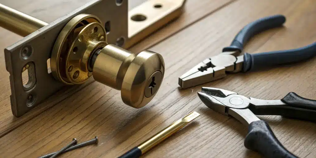 Repairing a door lock handle with tools on a wooden workbench.