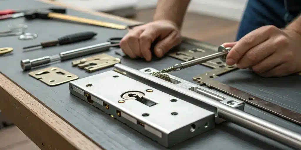 Hands repairing a uPVC door lock mechanism with a screwdriver.