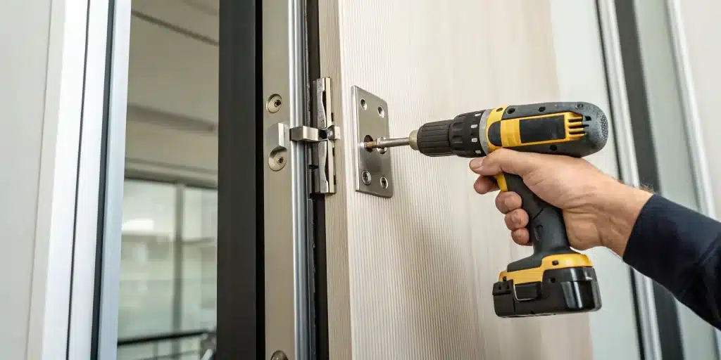 Commercial door hinge replacement with power drill.