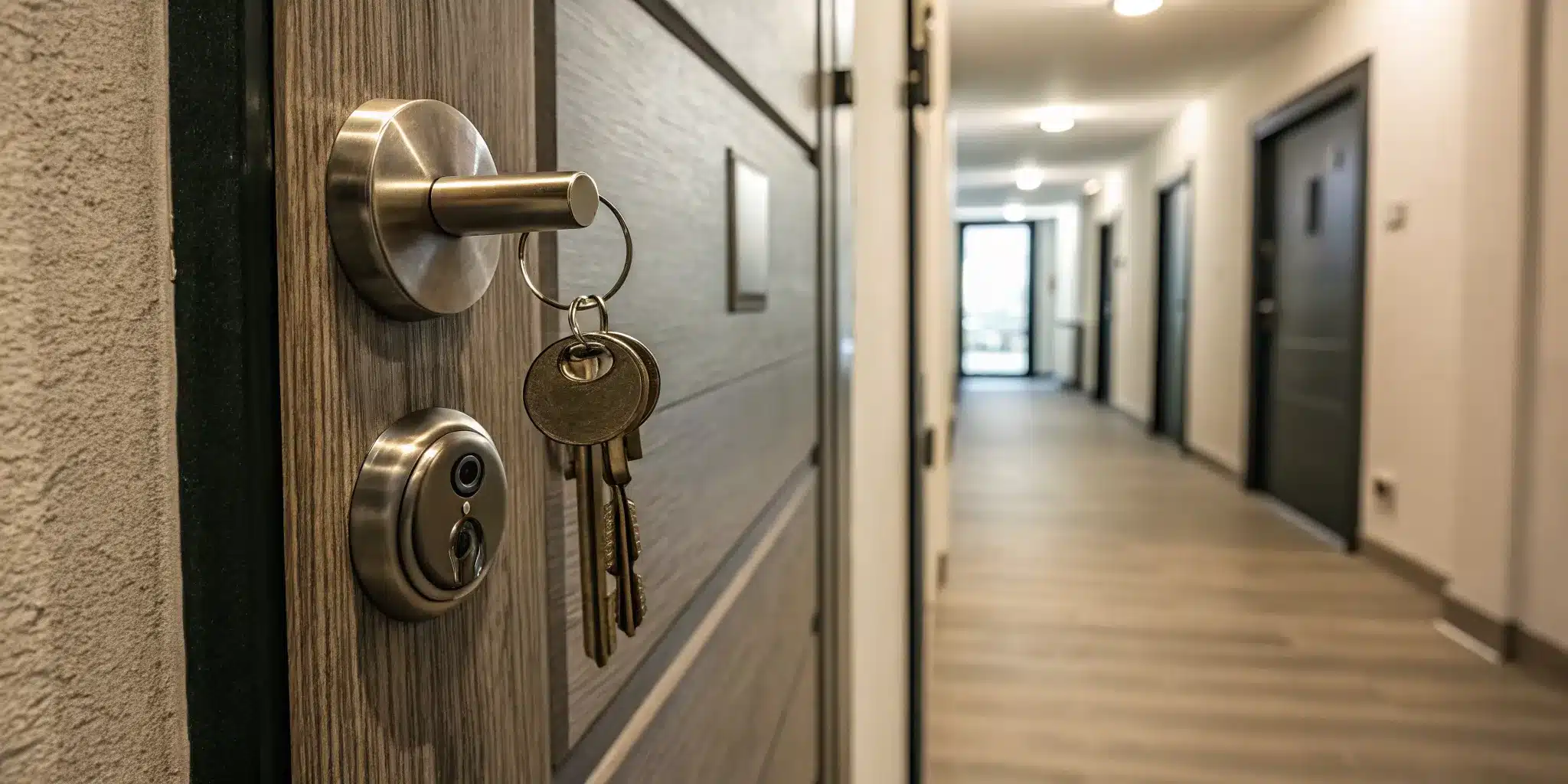 A key in a modern flat door lock, a crucial element of how to secure a flat door.