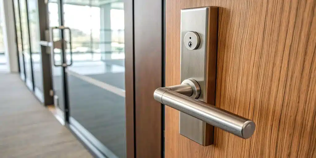 Secure commercial door handle with lock on a modern office entry door.
