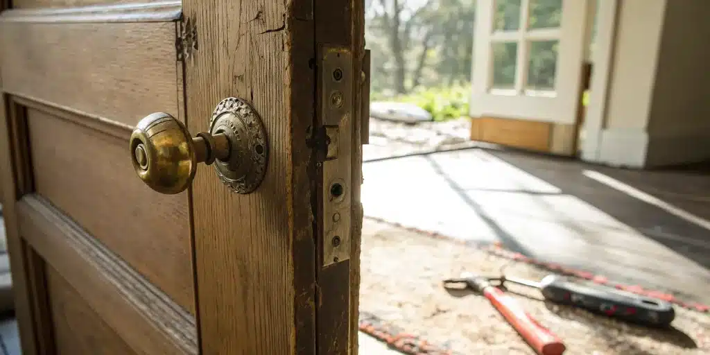 A door knob mid-removal from a door, with the necessary tools on the floor.