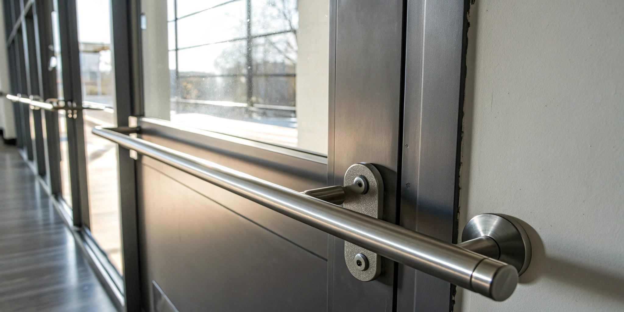 Installing a push bar on a commercial exit door.