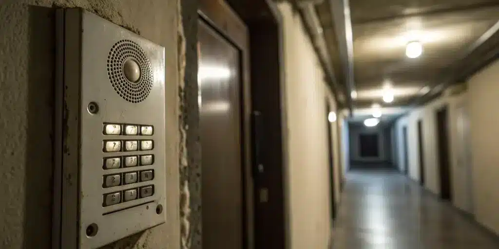 Broken intercom system in apartment hallway.