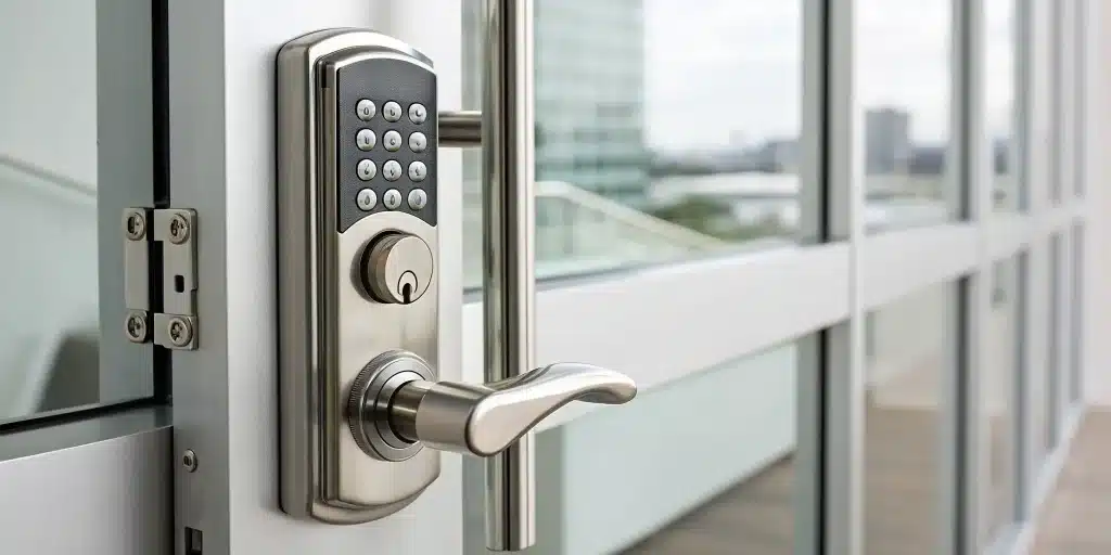 Schlage commercial lock on a glass door, ready for a cylinder replacement or code change.