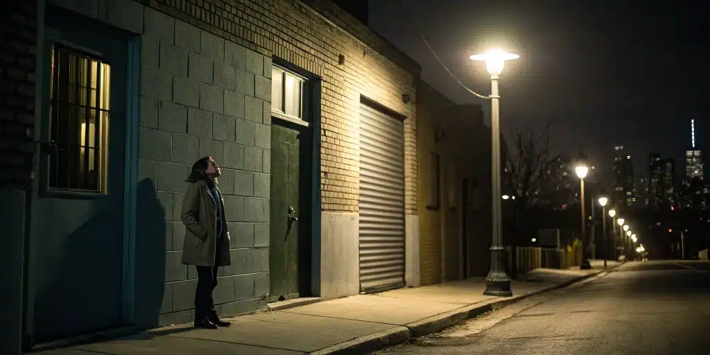 Person locked out of their house standing in front of the front door at night.