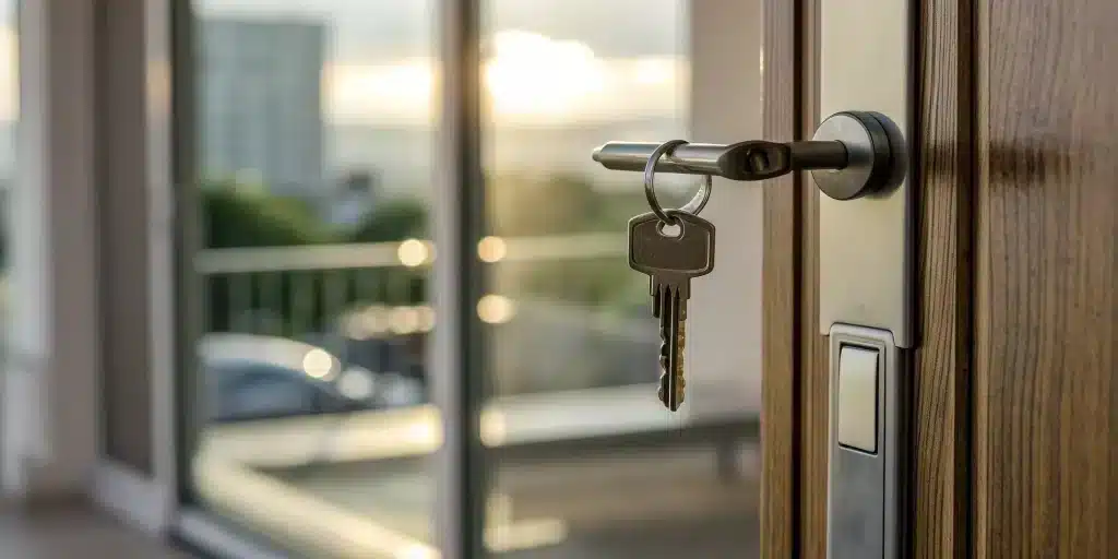 Keys in a business door lock during an emergency that requires 24/7 lockout help.