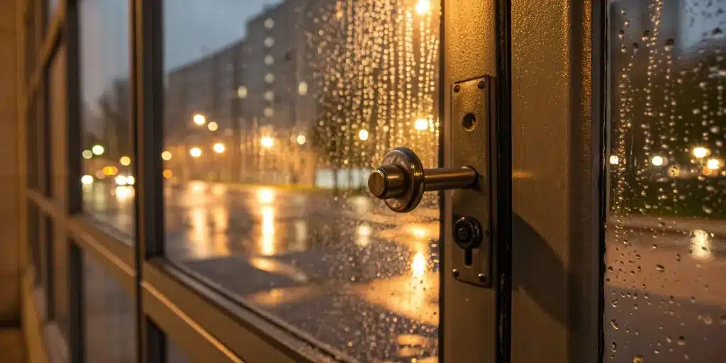 Emergency door repair needed for storefront in city.