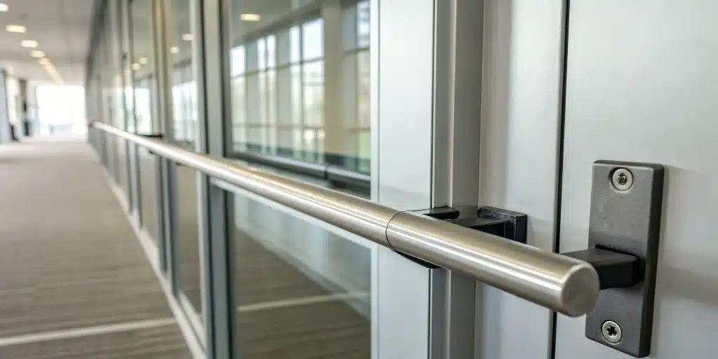 Panic bar installation on a commercial door.