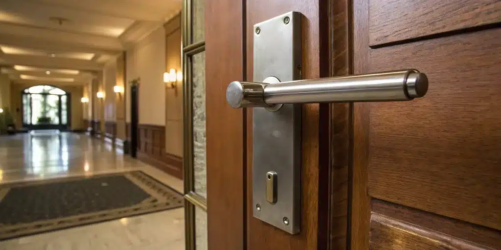 A push bar door lock with its key installed on a wooden commercial exit door.
