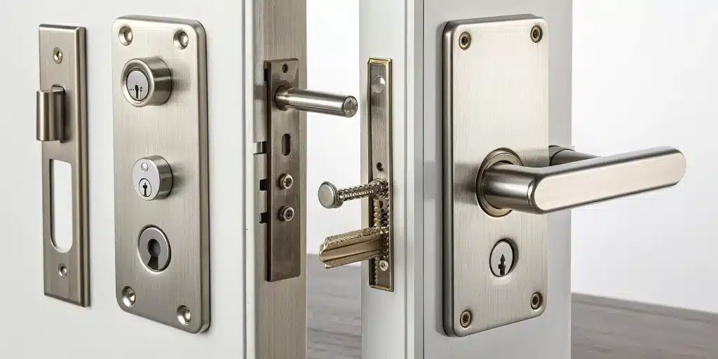 A disassembled mortise lockset with its internal parts laid out for repair.