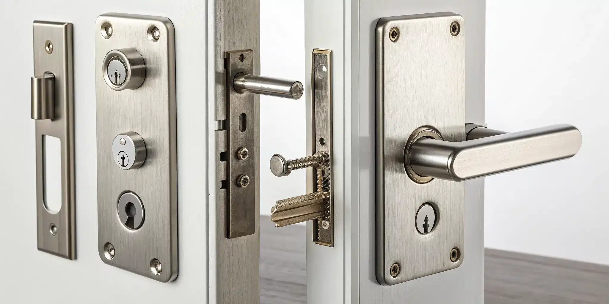 A disassembled mortise lockset with its internal parts laid out for repair.
