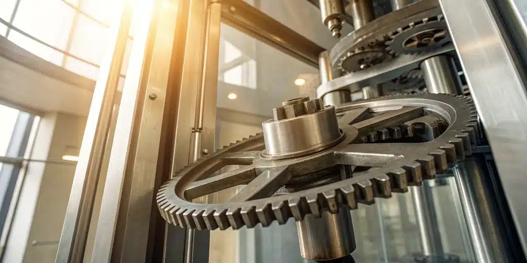 Internal gears of a commercial revolving door mechanism undergoing professional repair.