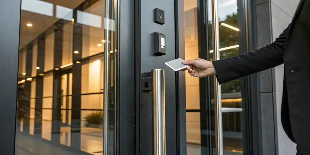 RFID card reader unlocking a secure door.