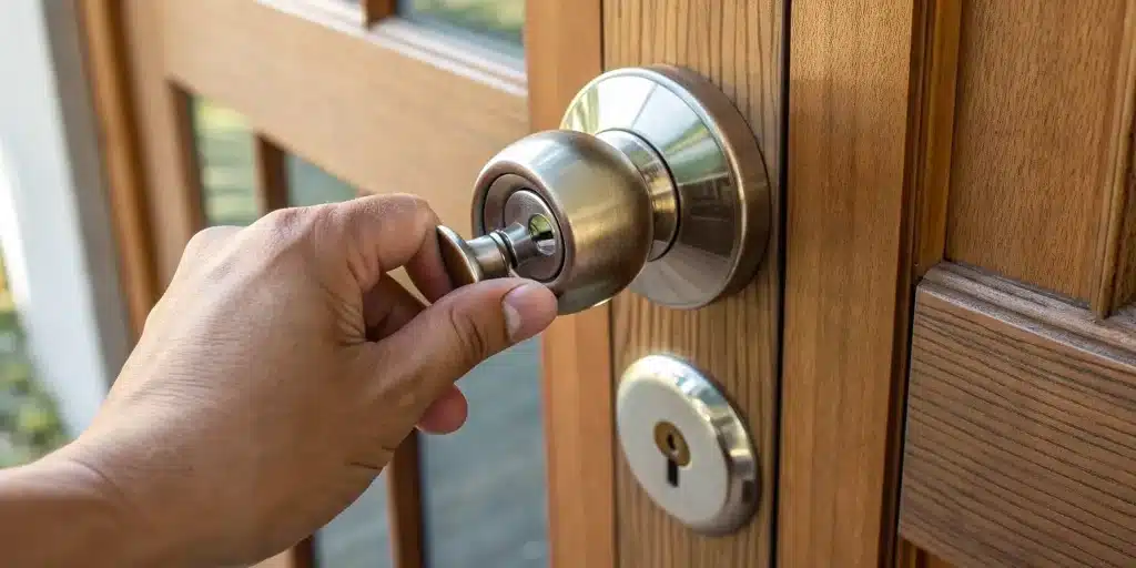 Hand installing a Schlage lock on a wooden door.
