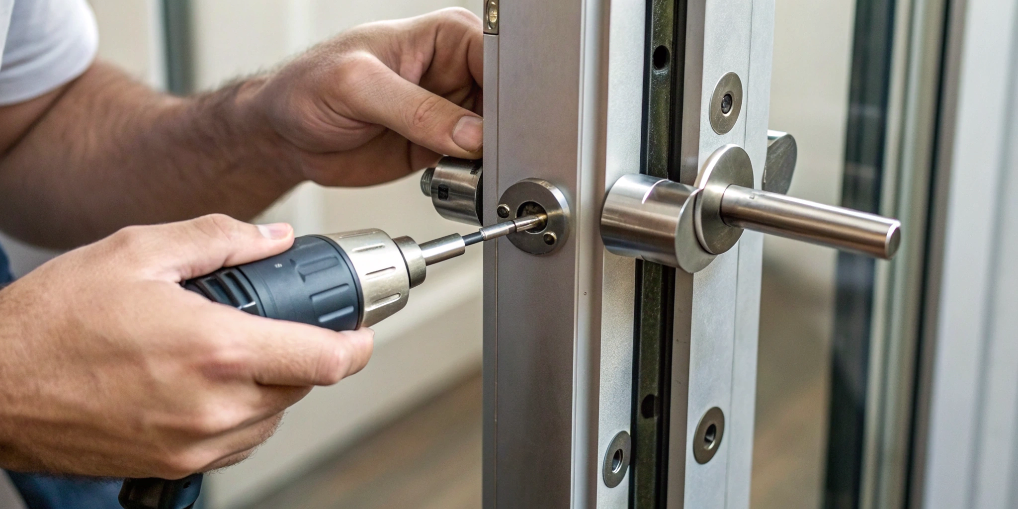 Replacing a push bar door lock mechanism on a commercial metal door.