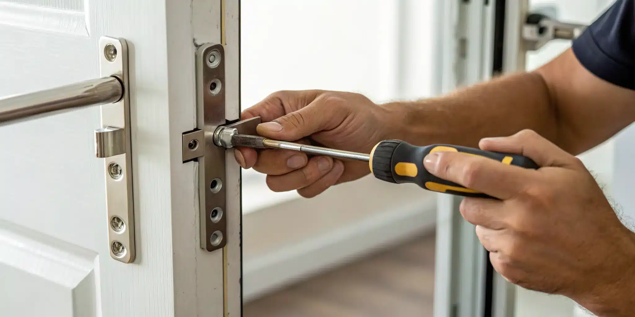Balanced door hardware installation in progress with a screwdriver on a white door.