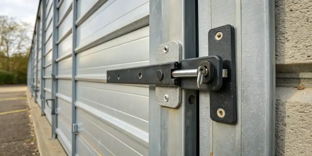 A heavy-duty garage door lock with a sturdy metal latch and key, providing professional-grade security.