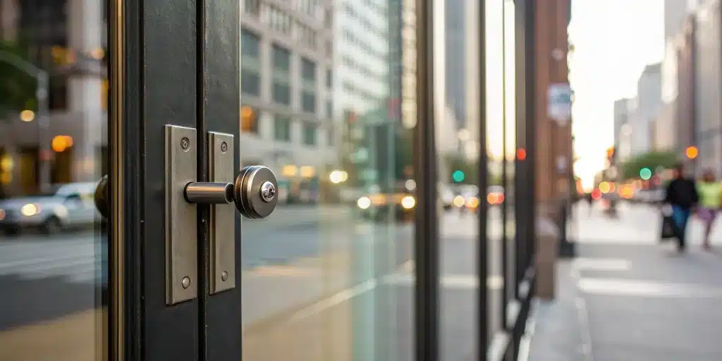 Secure storefront door lock replacement for enhanced business security.