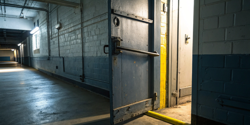 A troubleshooting guide for a panic bar on a commercial building exit door.