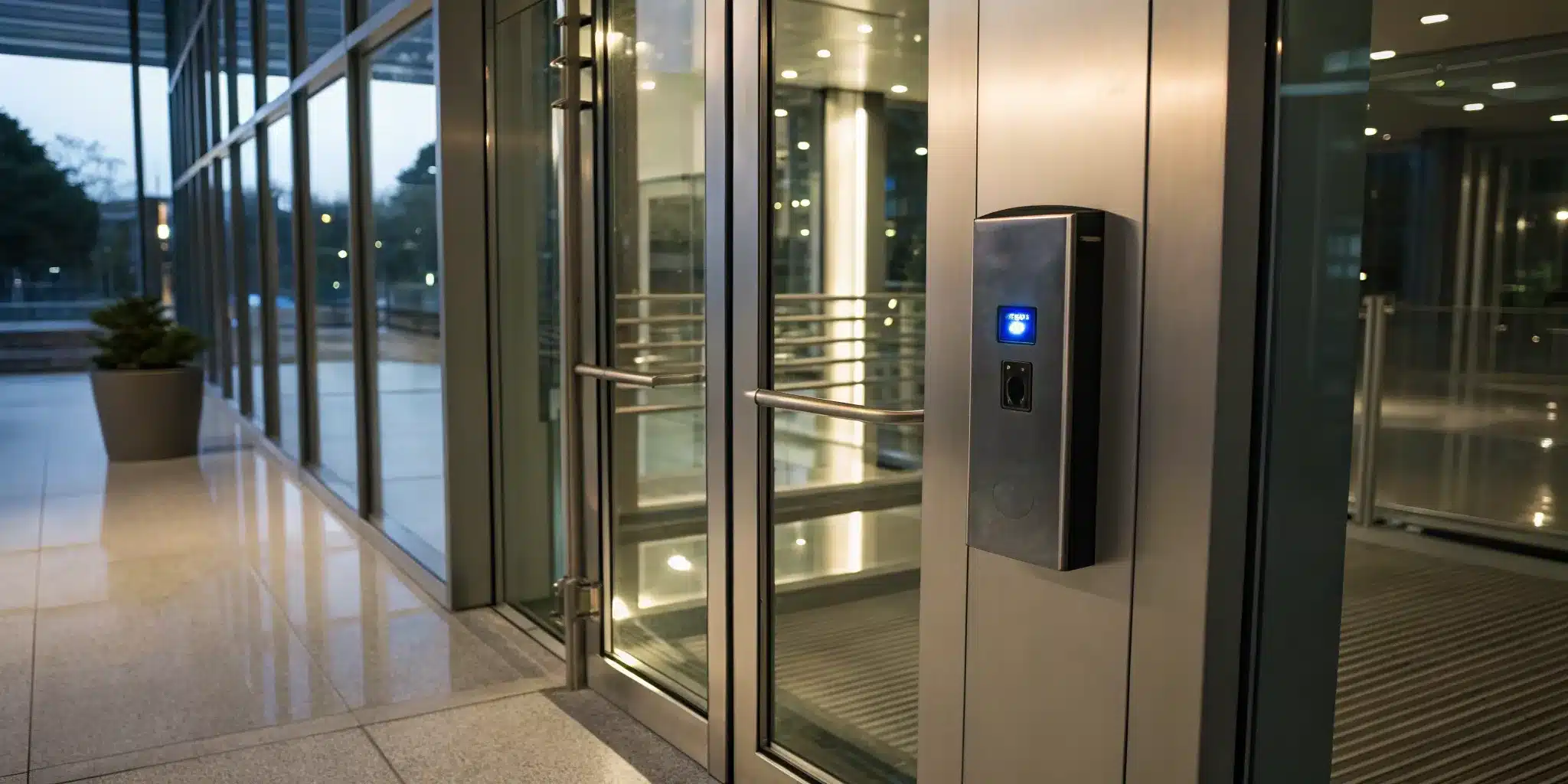 Biometric access control system with a fingerprint scanner securing an NYC building entrance.