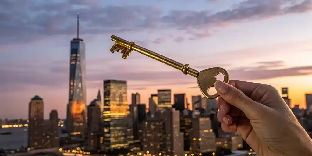 Golden key held against a sunset cityscape.