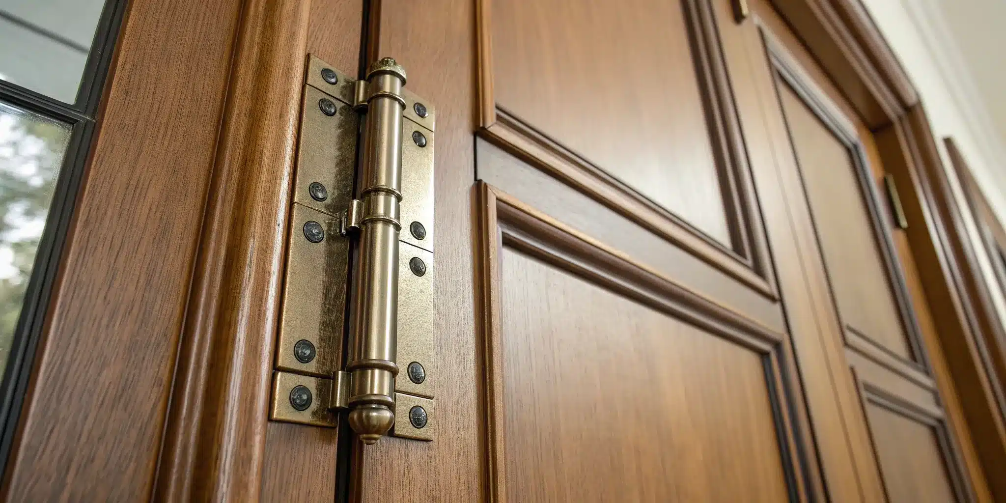 Inspecting a balanced door hinge as part of a maintenance checklist.
