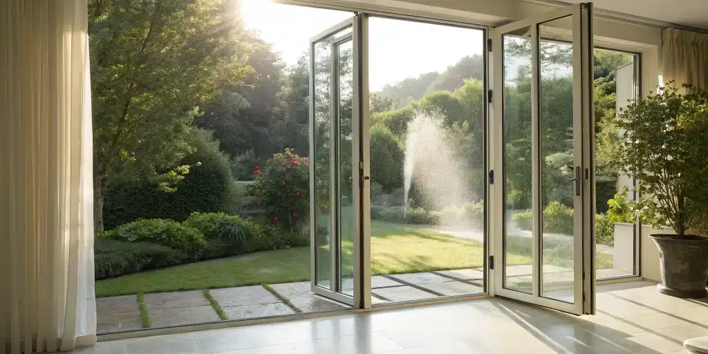 Bi-fold glass doors fully open, connecting a living room to a garden patio.