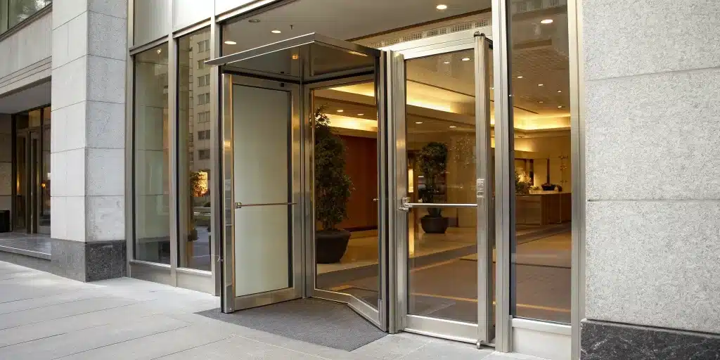 Sleek aluminum storefront doors enhance a modern commercial building.