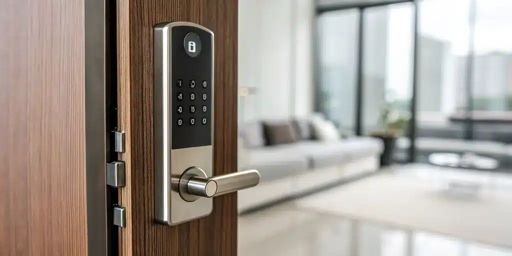 Electronic door lock with remote control on wooden door.