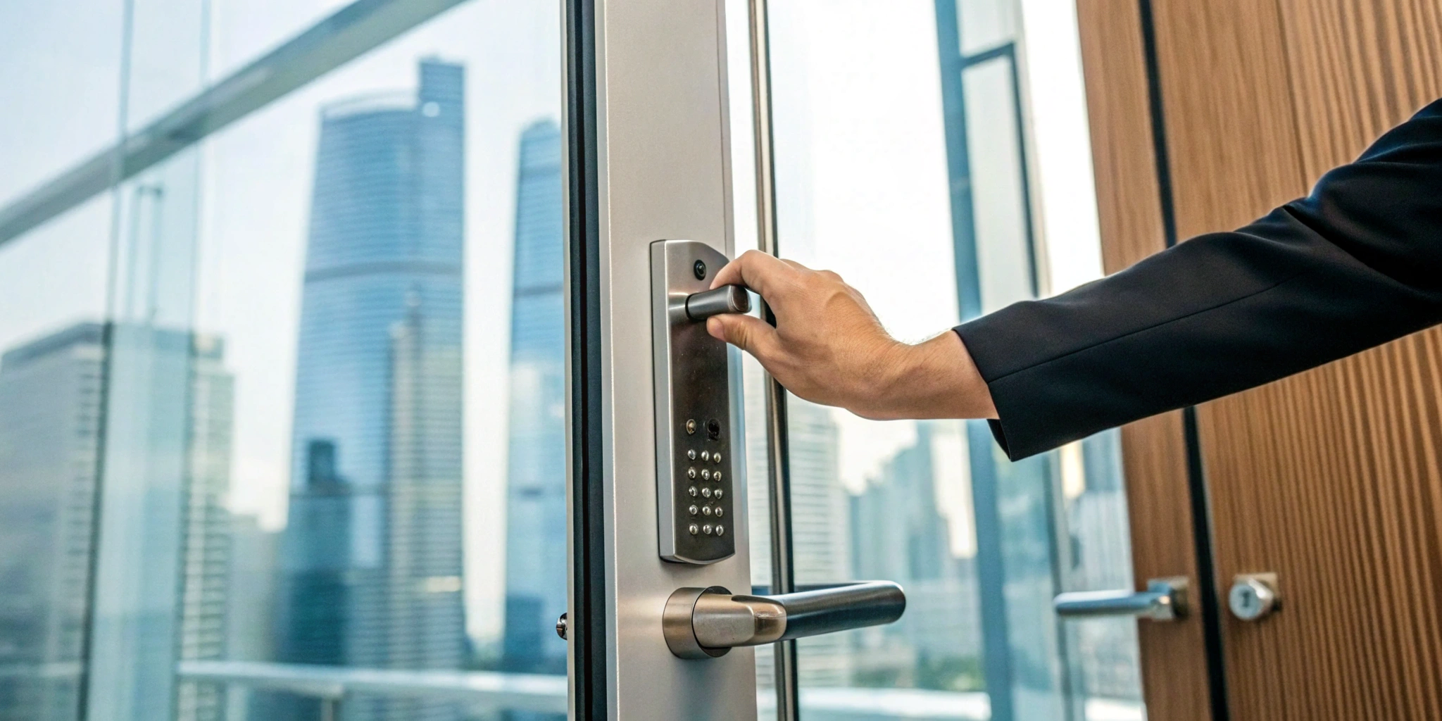 A person upgrading an office door with a new electronic lock for better business security.