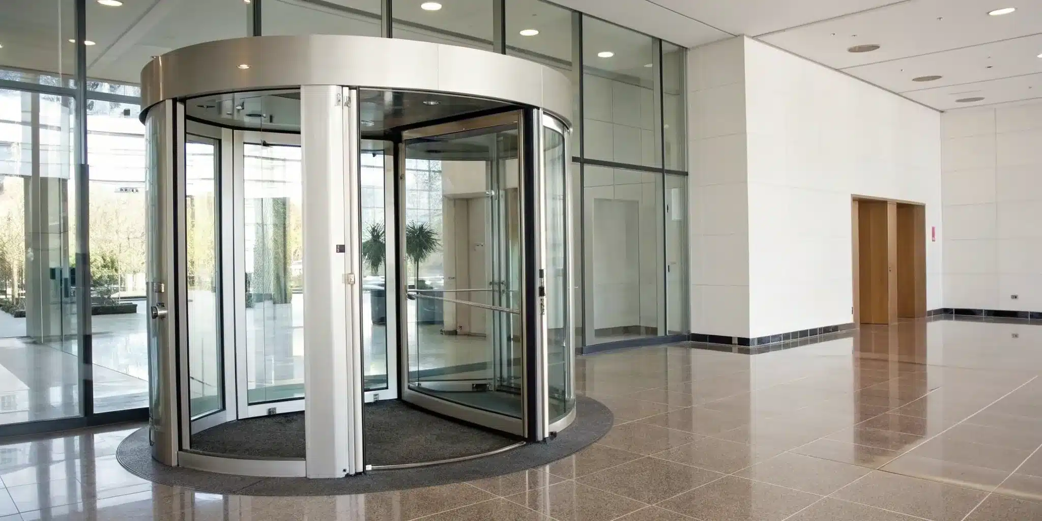 Professional maintenance service for a modern glass revolving door.