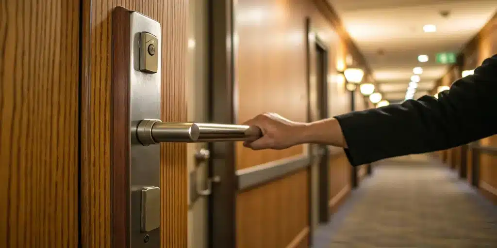 A hand pushing a panic bar on an exit door, a key part of the cost of panic bar installation.