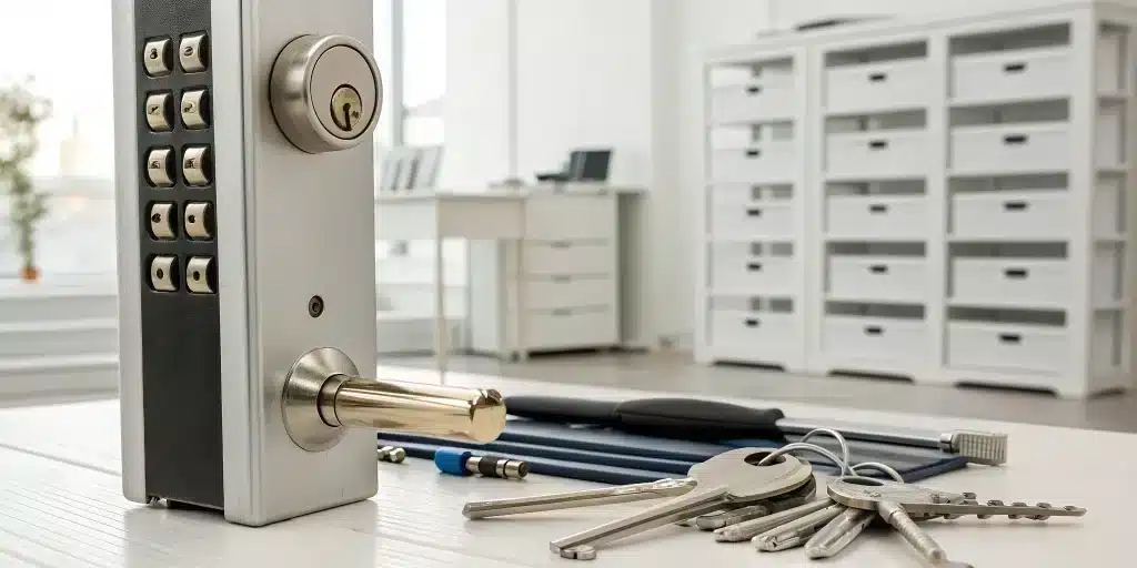A modern residential keypad lock on a table, ready for a locksmith in Manhattan.