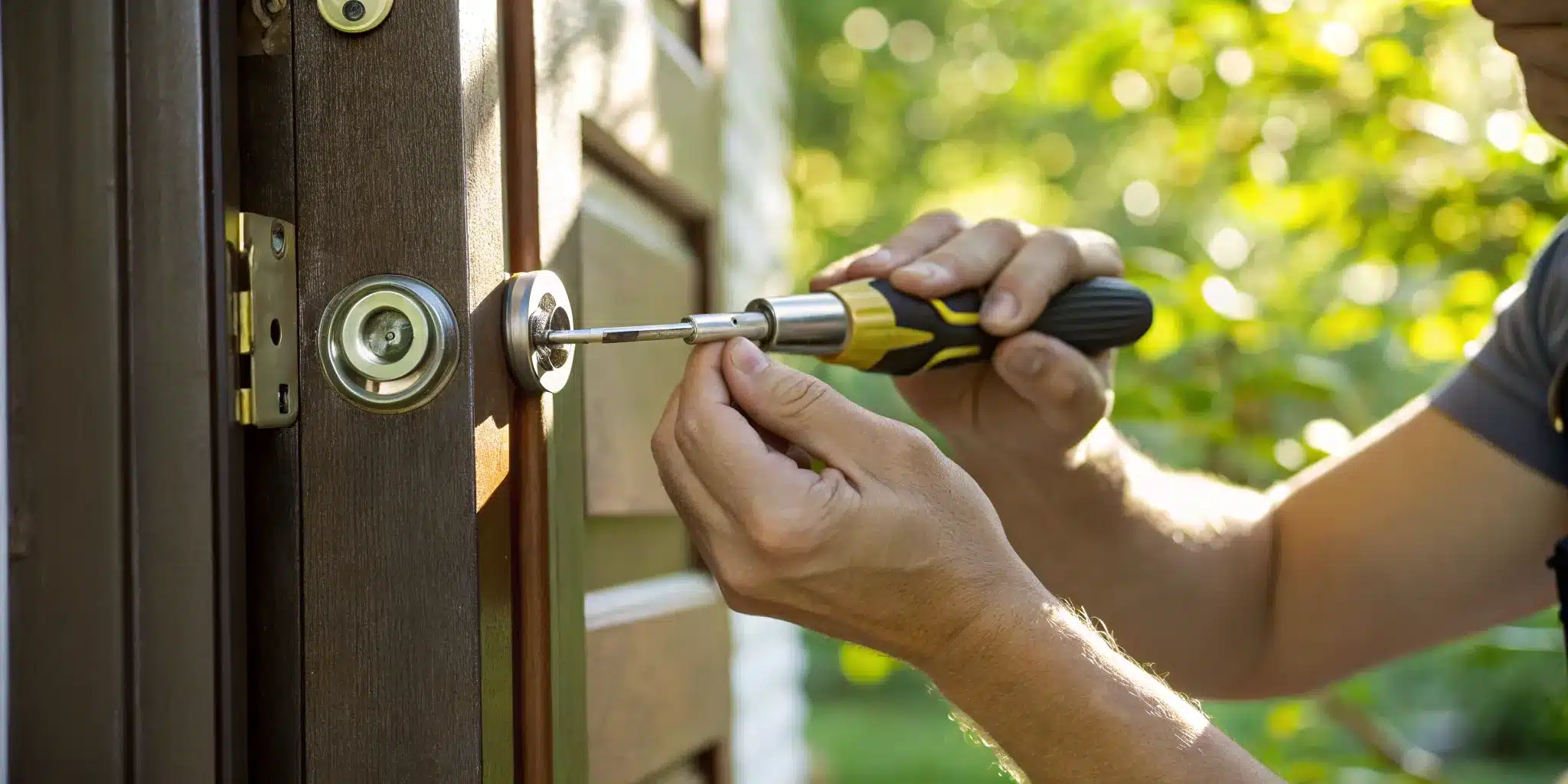 A hand using a screwdriver to perform a repair on an exterior door lock.