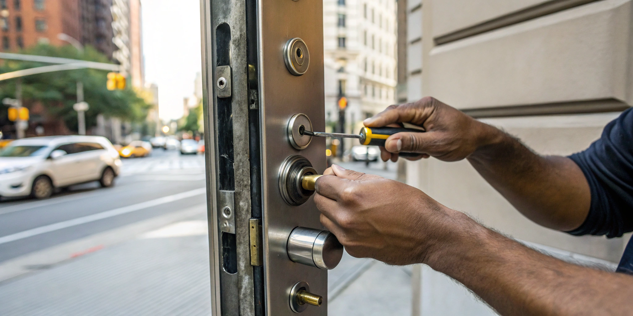 A locksmith's hands repairing a hollow metal door lock in Brooklyn.