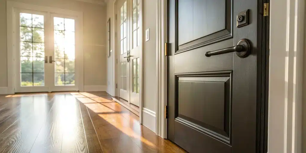 A residential fire door with certified hardware after a professional installation.