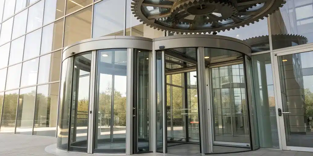 A revolving door's speed control mechanism undergoing adjustment.