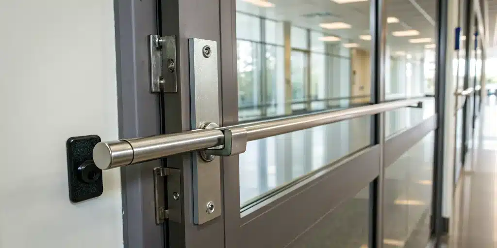 Vertical rod panic bar installation on a commercial exit door.